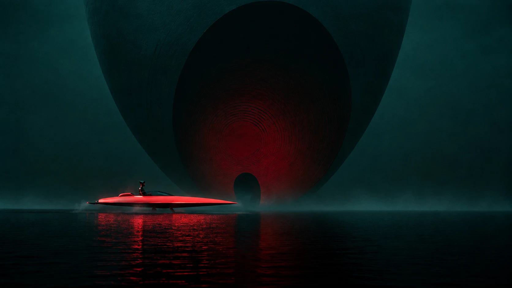 A red craft crosses a reflective world towards a monumental passage